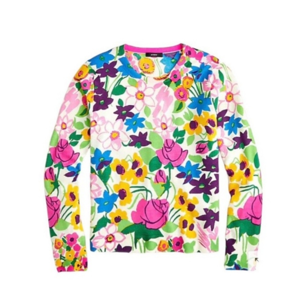 J. Crew Floral Pullover Merino Wool Sweater Size Small Crewneck - Picture 4 of 12